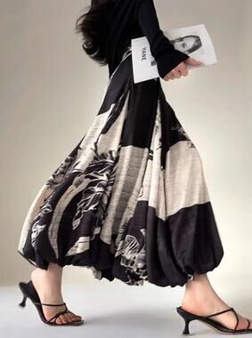Commense Black Ivory Floral Bubble Maxi Skirt XL 12 - Dark Romantic Euro Chic